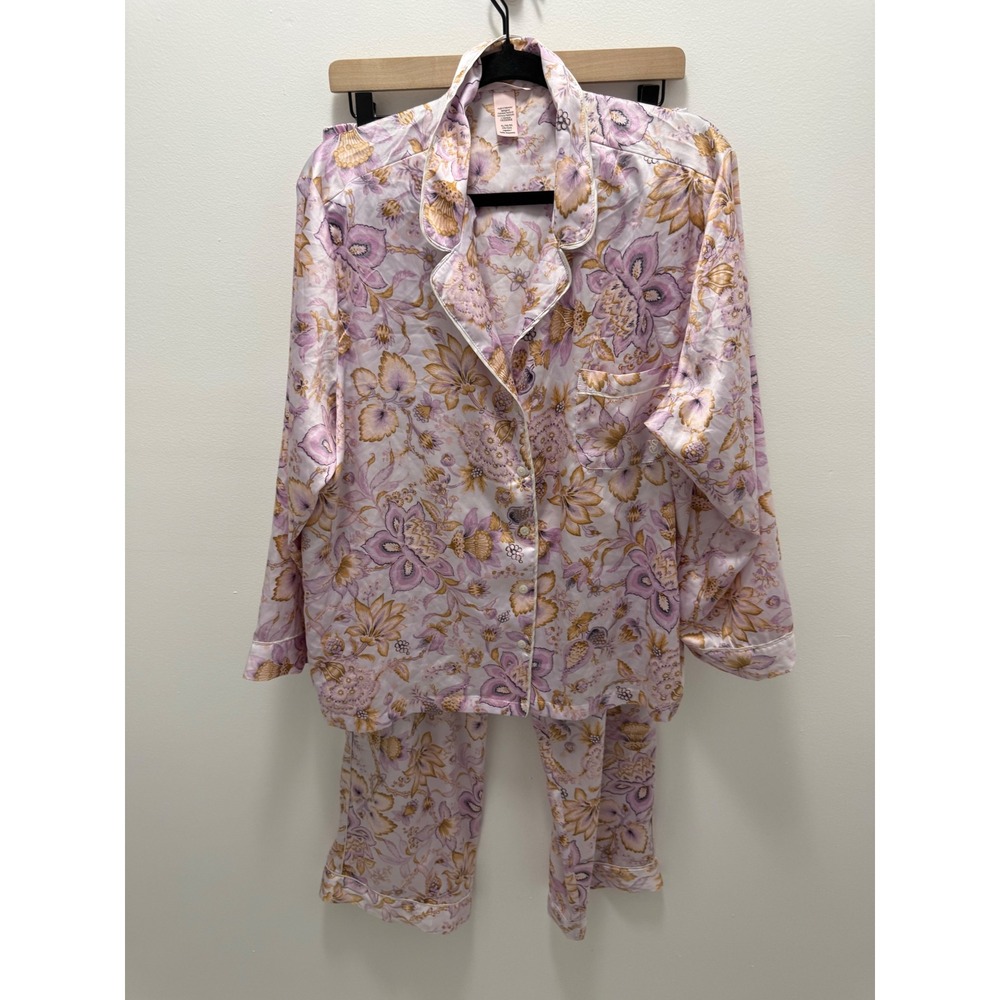 Victoria's Secret Satin Pajama Set XL Lavender Gold Floral Button Front 2 Piece
